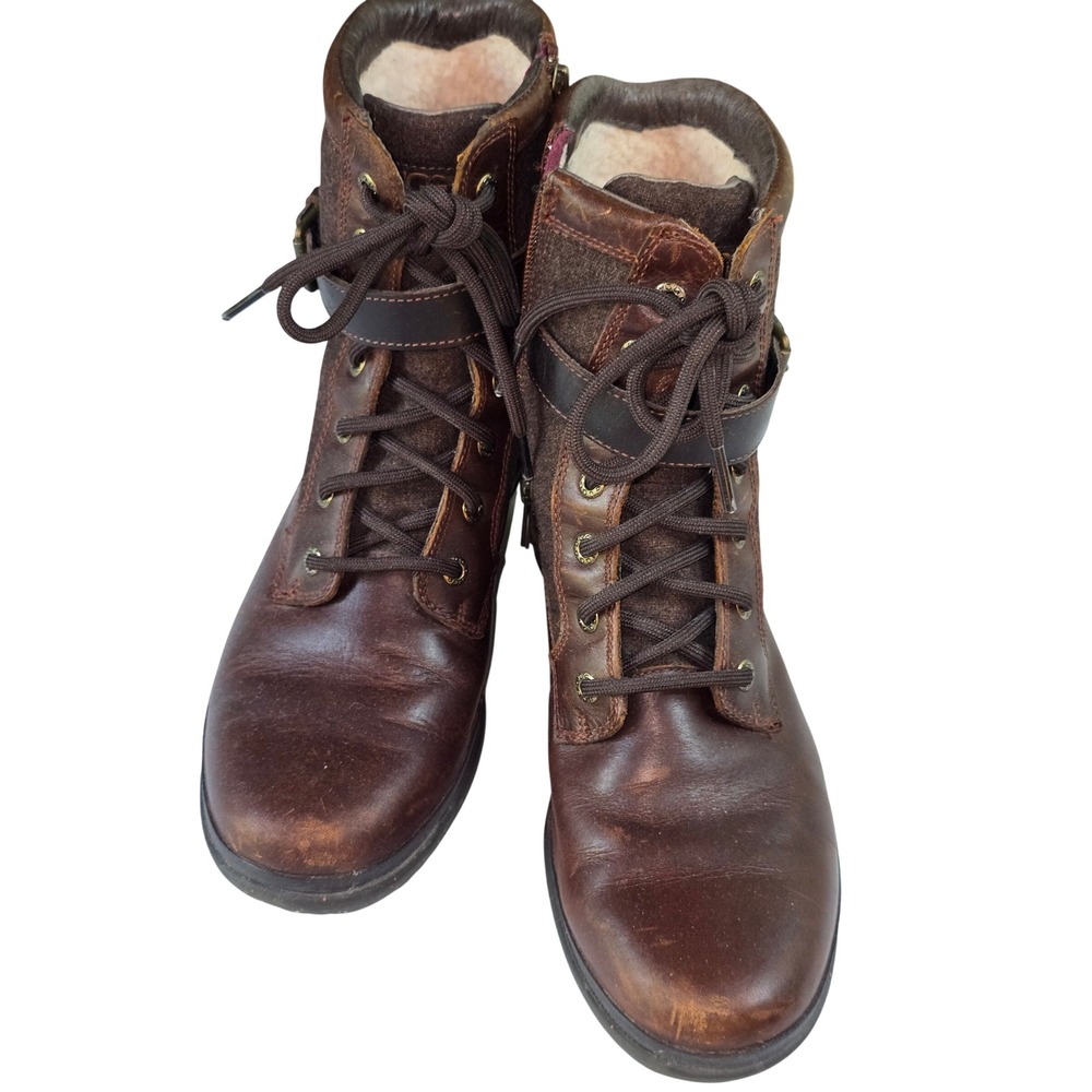 UGG Kesey Waterproof Brown Leather Wool Combat Boots Moto Streetwear sz8